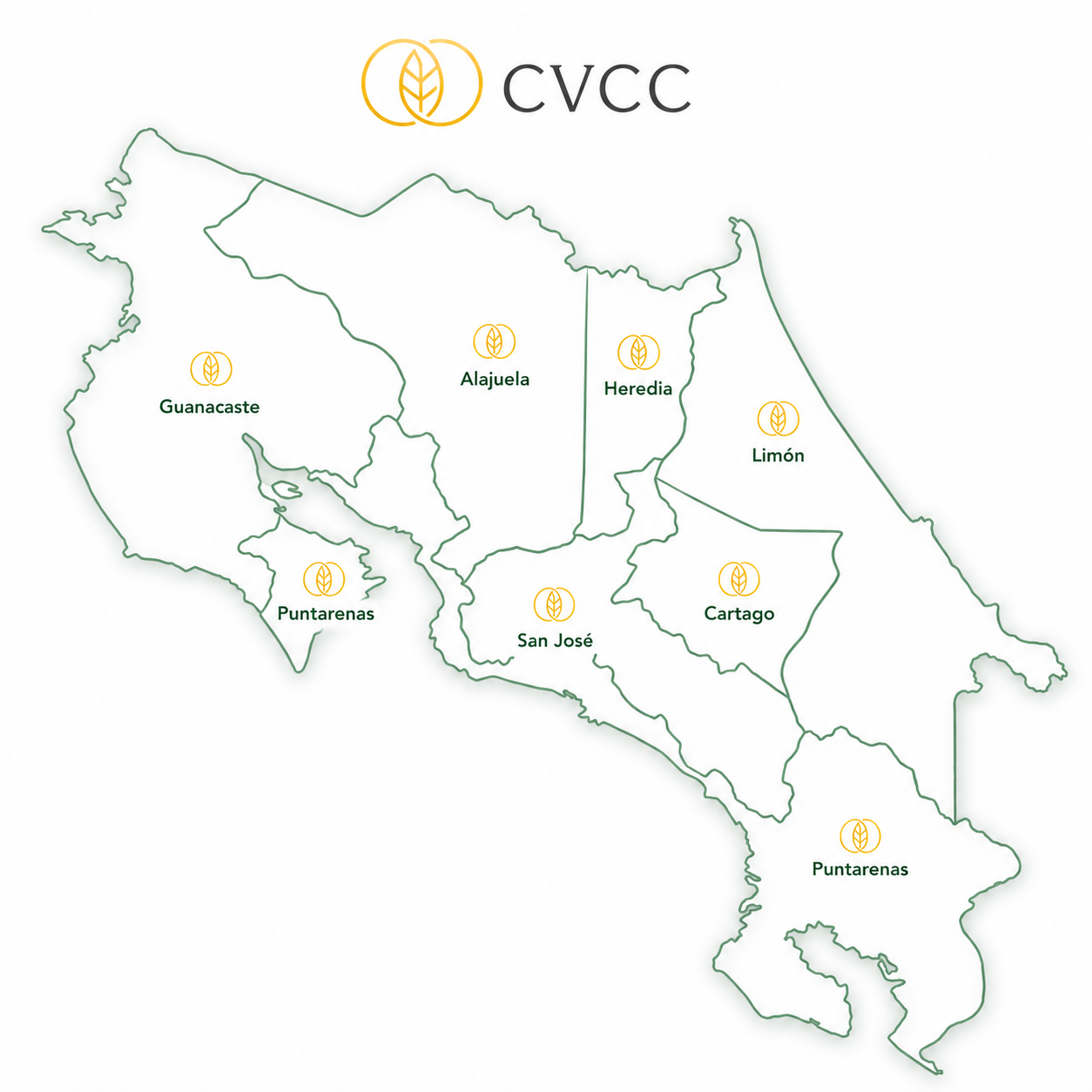 Map of Costa Rica showing the seven provinces served by Cura Vida Cannabis Clinics: San José, Alajuela, Cartago, Heredia, Guanacaste, Puntarenas and Limón
